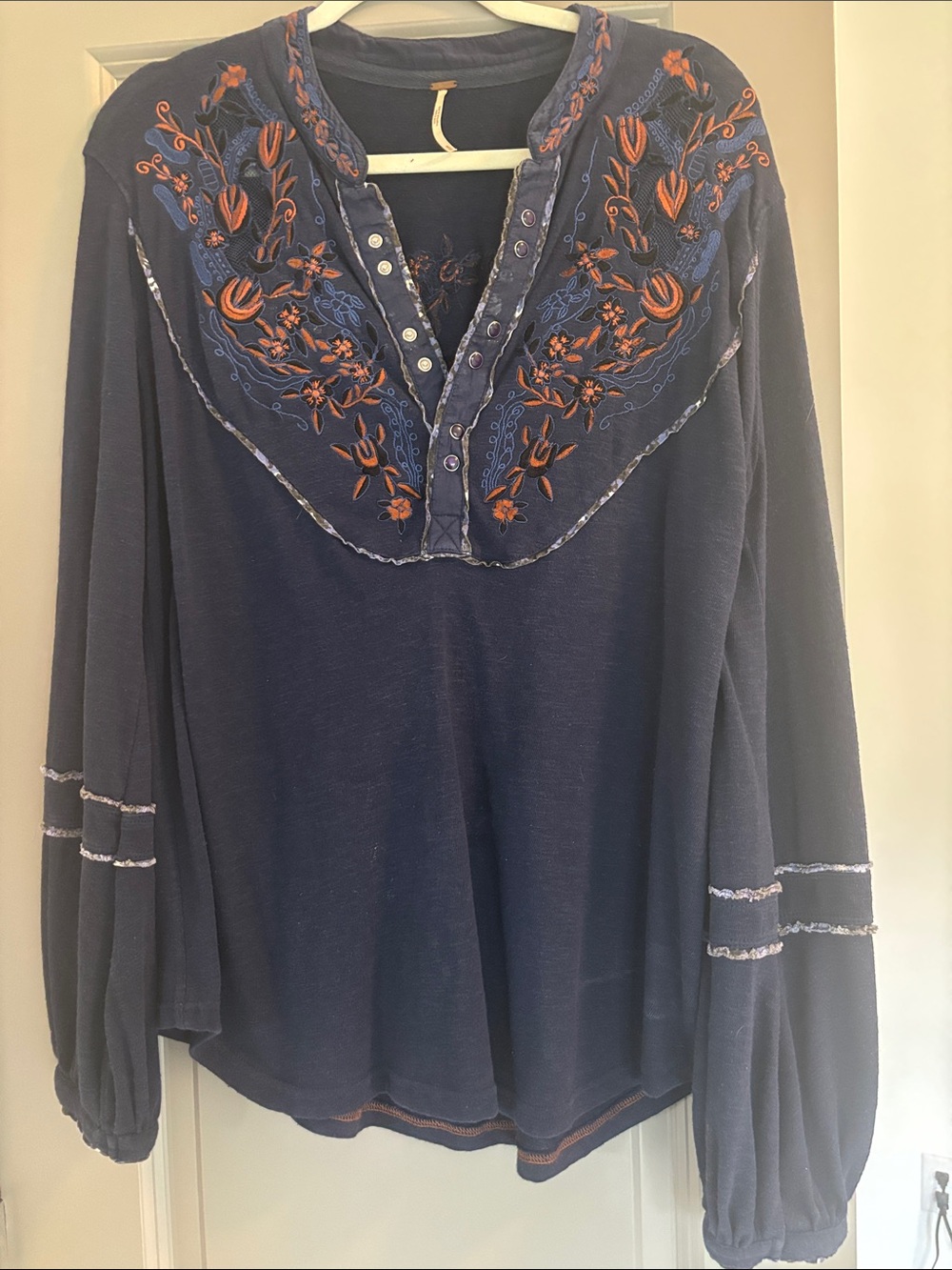 Free People Embroidered Navy Women's Peasant Top